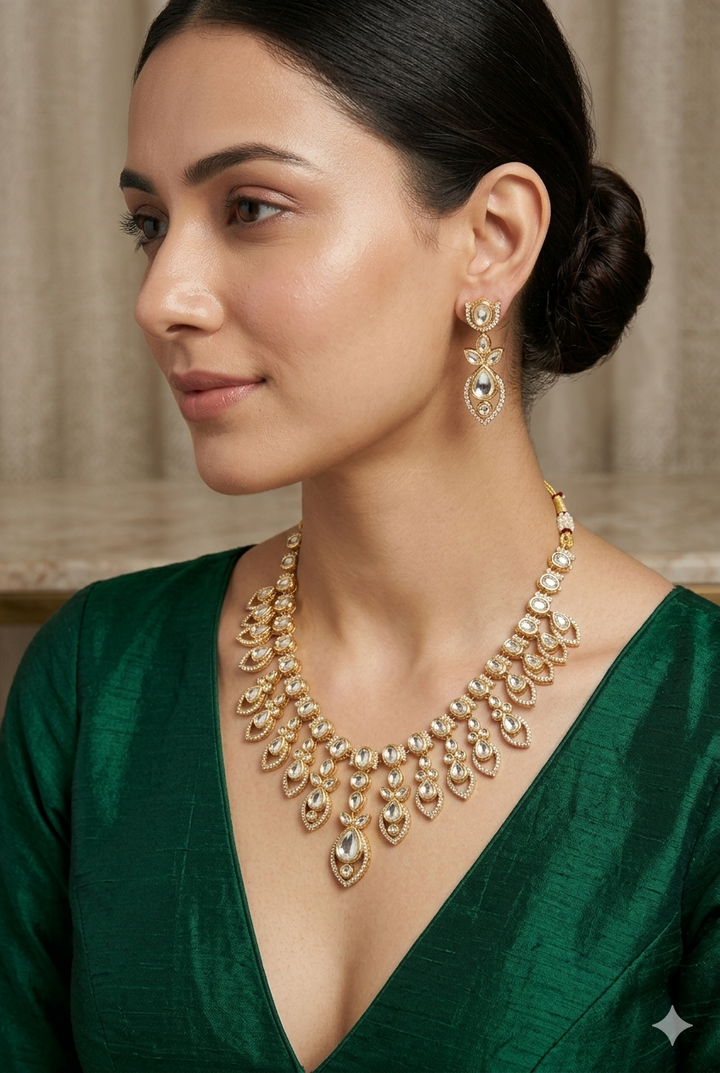 Elegant Kundan Necklace Set with Drop Earrings Bridal Party Wear Gold Finish