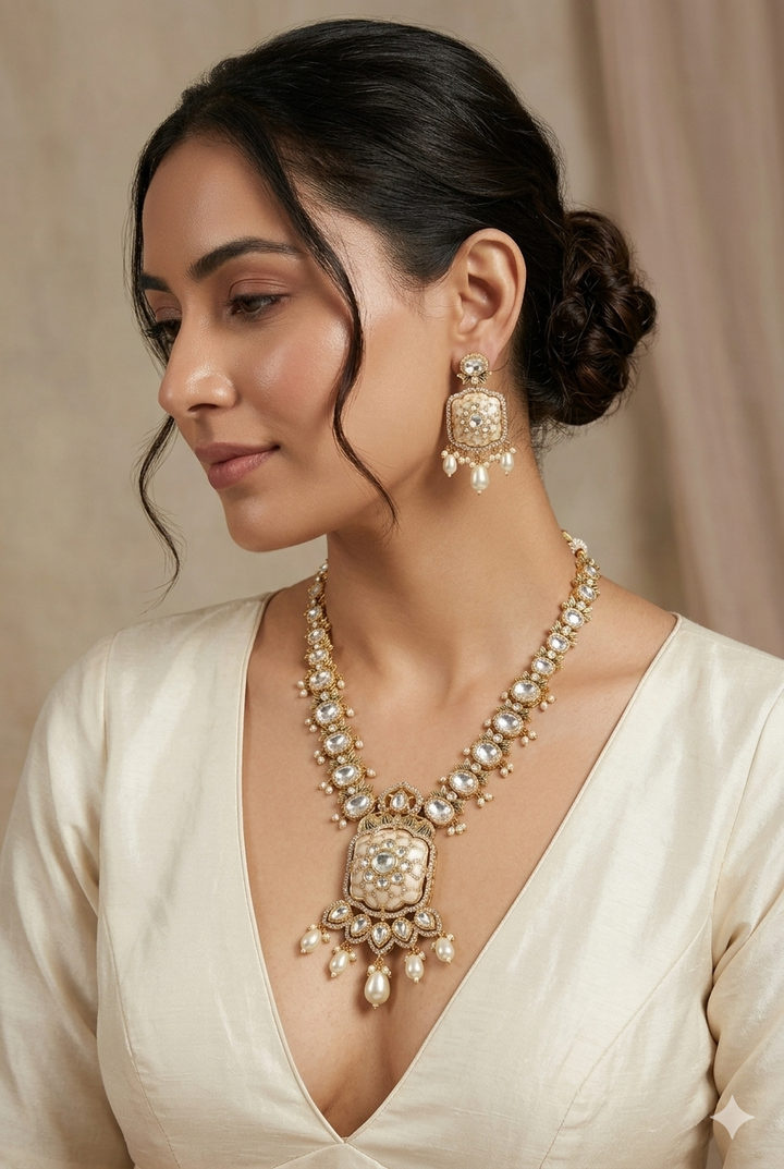 Bridal Kundan Polki Long Necklace Set with Red Beads Drop Earrings