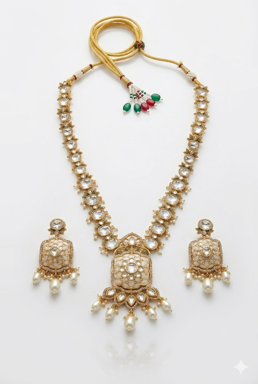 Bridal Kundan Polki Long Necklace Set with Red Beads Drop Earrings