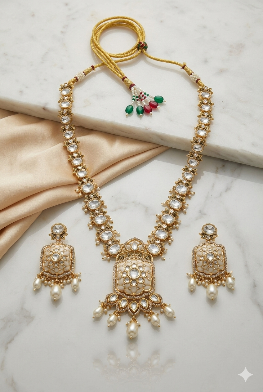 Bridal Kundan Polki Long Necklace Set with Red Beads Drop Earrings