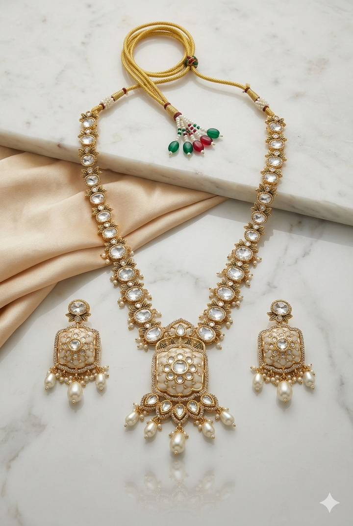 Bridal Kundan Polki Long Necklace Set with Red Beads Drop Earrings