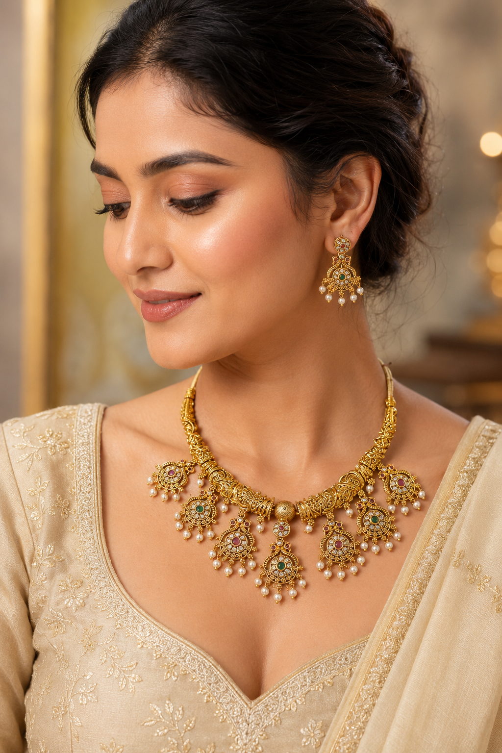 Antique Gold Chandbali Necklace Set