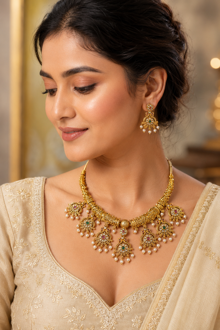 Antique Gold Chandbali Necklace Set