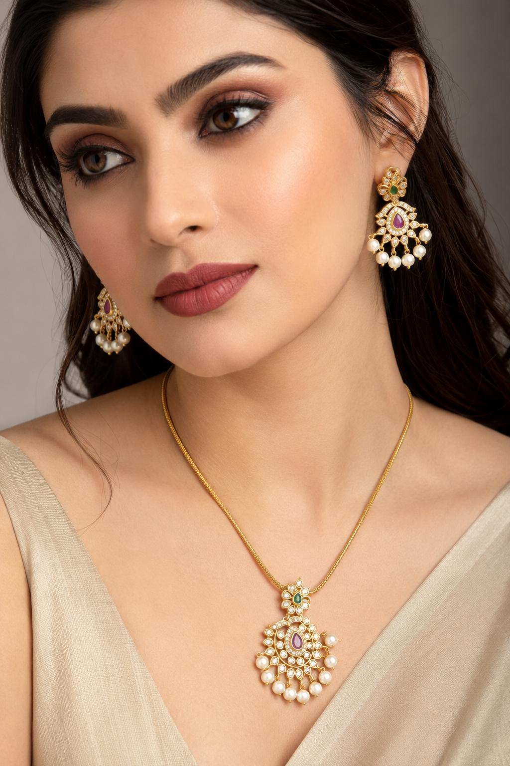 Ruby Green Pearl Pendant Necklace Set