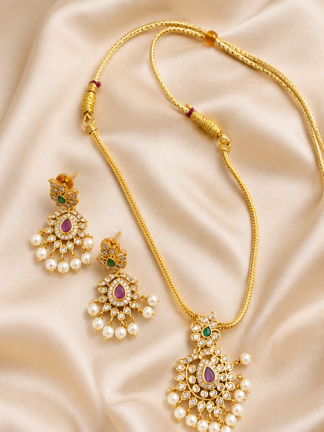 Ruby Green Pearl Pendant Necklace Set
