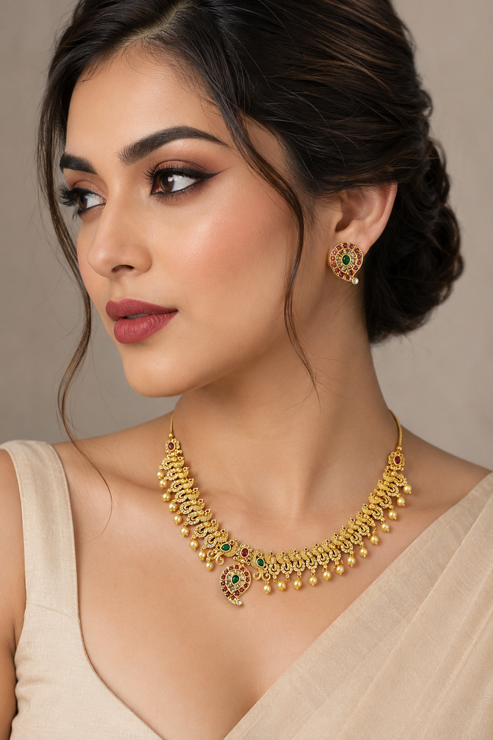 Ruby Green Peacock Necklace Set