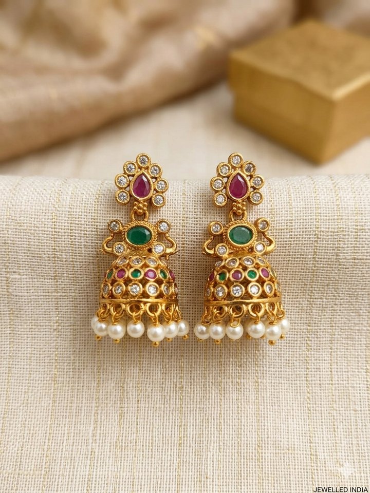 Gold Plated Kundan Jhumka Earrings with Pearl Drops Traditional Bridal Ethnic Designer Jewelry