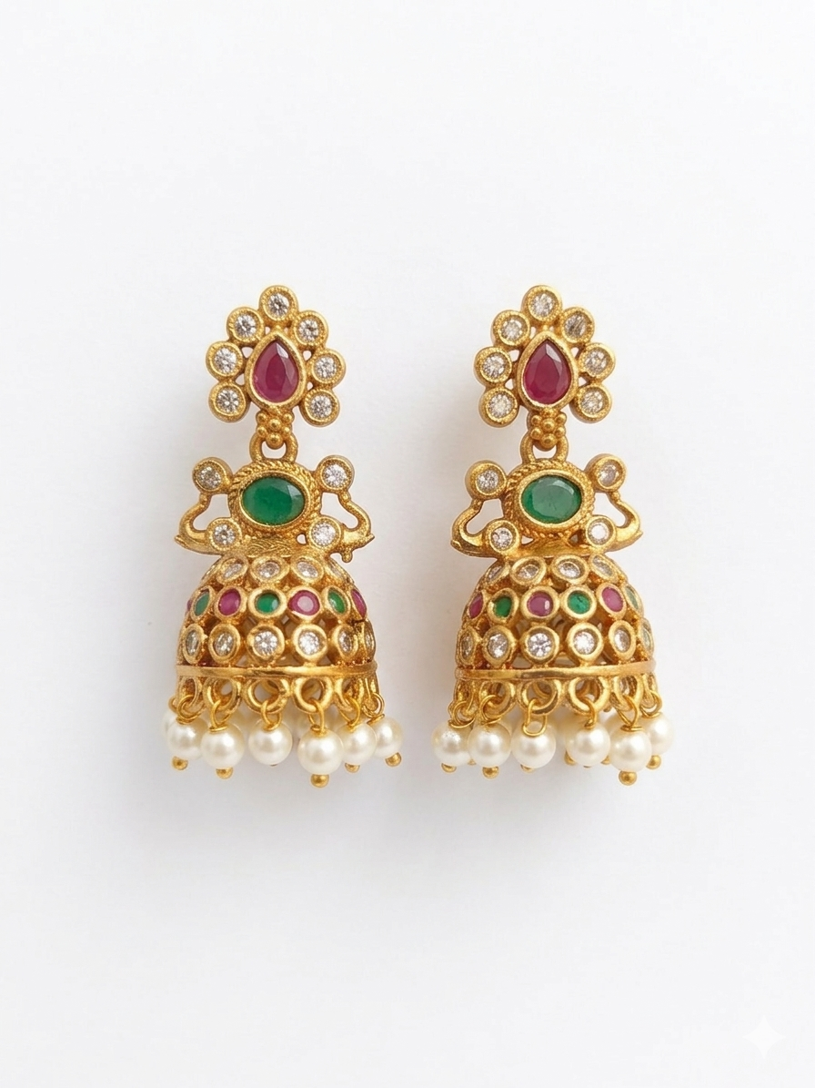 Gold Plated Kundan Jhumka Earrings with Pearl Drops Traditional Bridal Ethnic Designer Jewelry