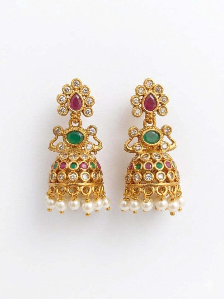 Gold Plated Kundan Jhumka Earrings with Pearl Drops Traditional Bridal Ethnic Designer Jewelry