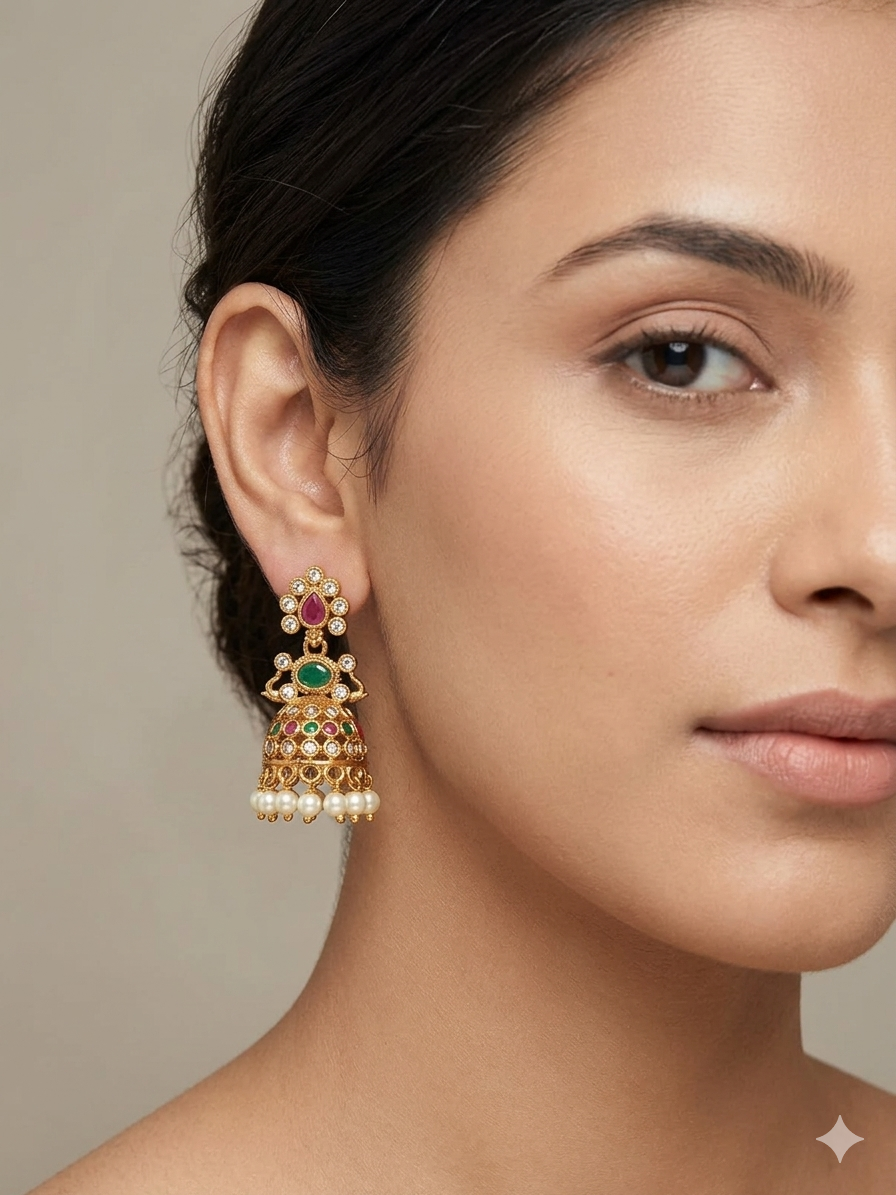 Gold Plated Kundan Jhumka Earrings with Pearl Drops Traditional Bridal Ethnic Designer Jewelry