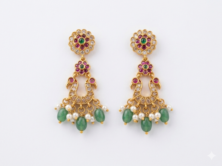 Gold Plated Kundan Dangler Earrings with Green Stone Drops Pearl Hanging Traditional Ethnic Designer Bridal Party Wear Jewelry