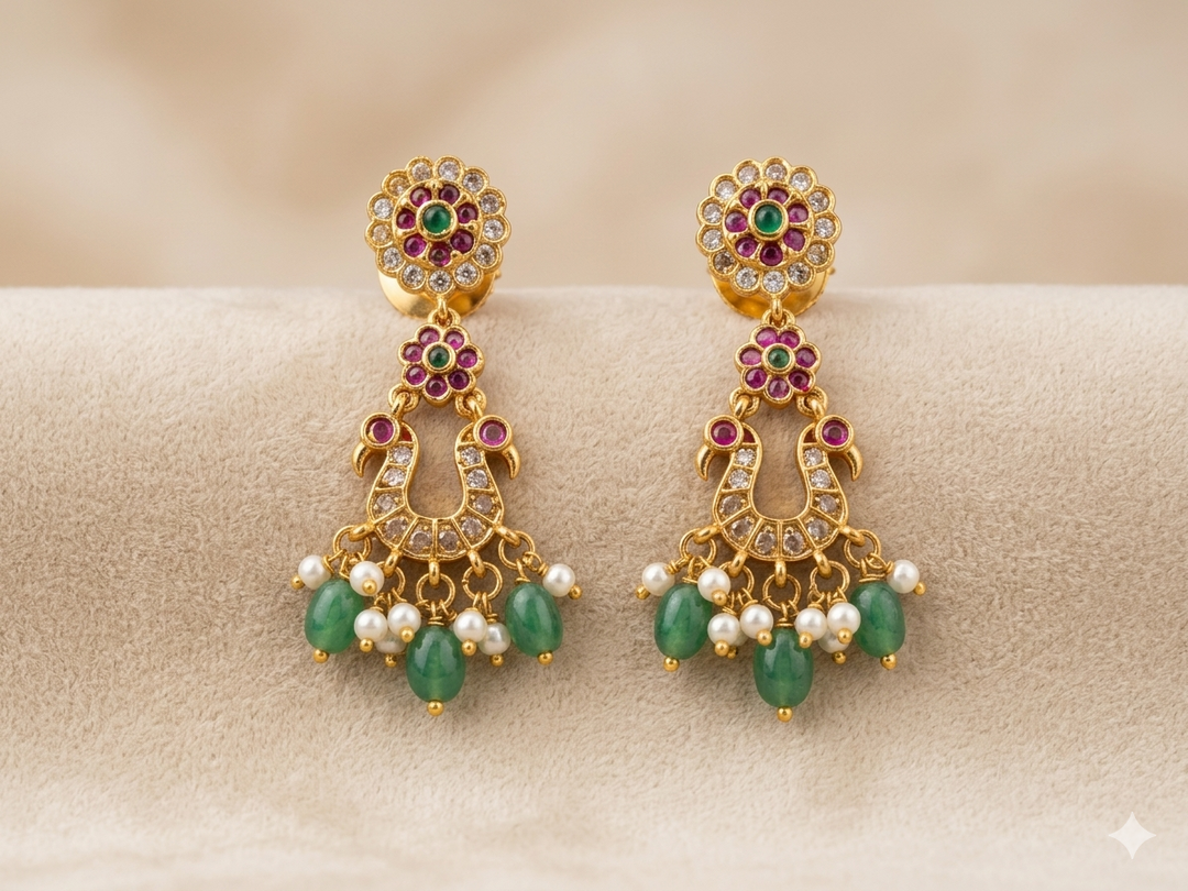 Gold Plated Kundan Dangler Earrings with Green Stone Drops Pearl Hanging Traditional Ethnic Designer Bridal Party Wear Jewelry