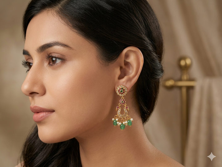 Gold Plated Kundan Dangler Earrings with Green Stone Drops Pearl Hanging Traditional Ethnic Designer Bridal Party Wear Jewelry