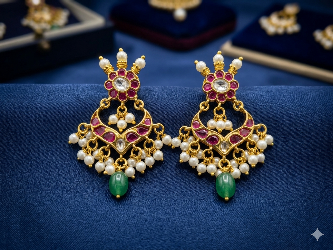 Gold Plated Kundan Dangler Earrings with Pearl Drops Green Stone Traditional Ethnic Designer Jewelry