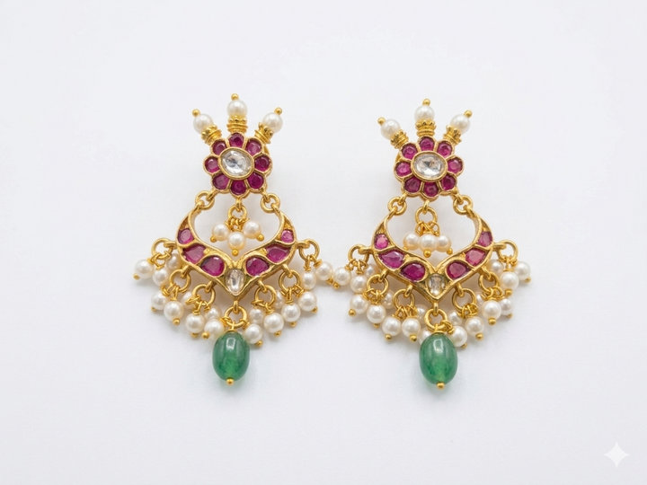 Gold Plated Kundan Dangler Earrings with Pearl Drops Green Stone Traditional Ethnic Designer Jewelry