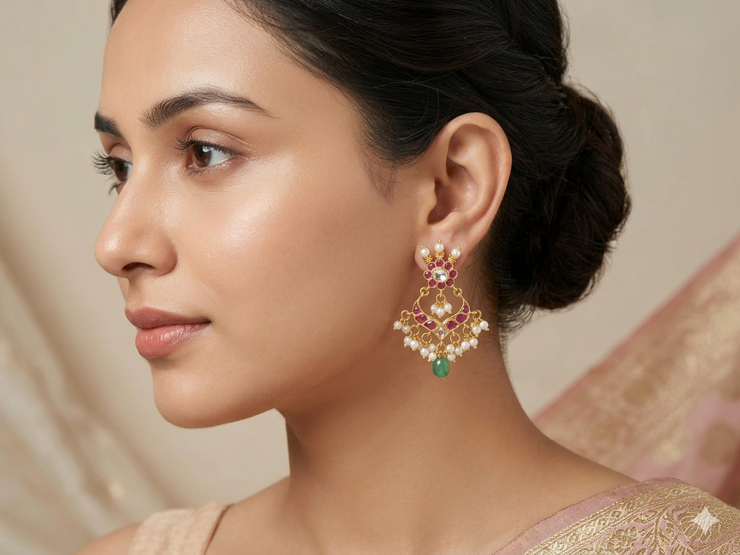 Gold Plated Kundan Dangler Earrings with Pearl Drops Green Stone Traditional Ethnic Designer Jewelry