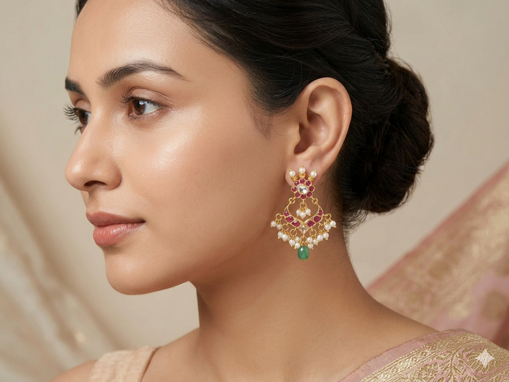 Gold Plated Kundan Dangler Earrings with Pearl Drops Green Stone Traditional Ethnic Designer Jewelry