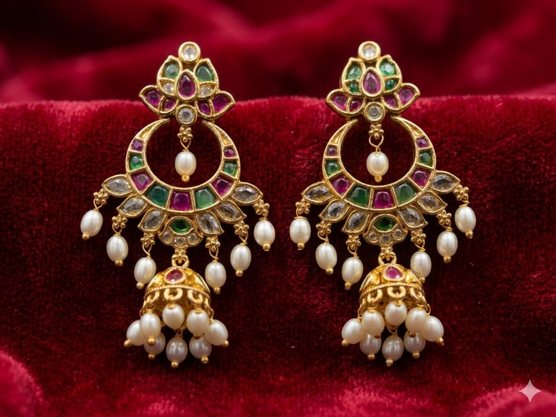 Gold Plated Kundan Dangler Earrings with Green Stone Drops Pearl Hanging Traditional Ethnic Designer Bridal Party Wear Jewelry