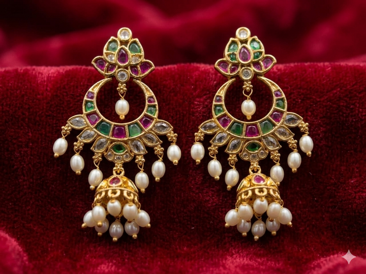 Gold Plated Kundan Dangler Earrings with Green Stone Drops Pearl Hanging Traditional Ethnic Designer Bridal Party Wear Jewelry