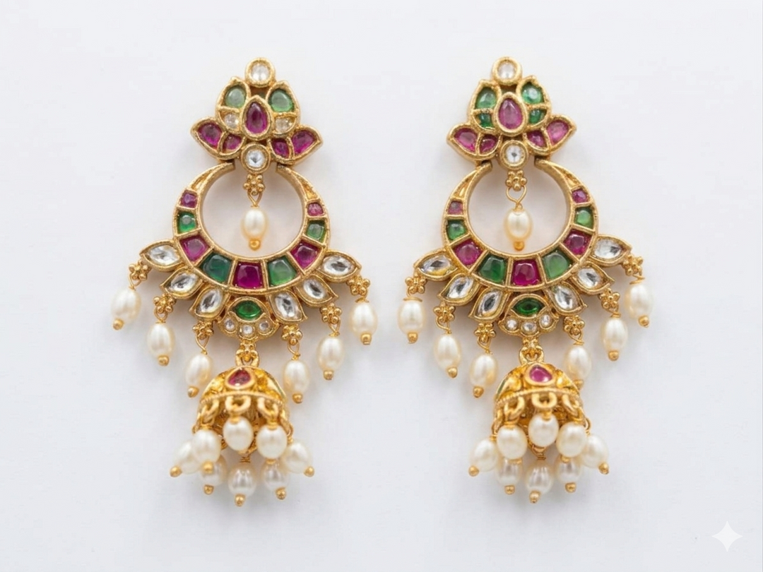 Gold Plated Kundan Dangler Earrings with Green Stone Drops Pearl Hanging Traditional Ethnic Designer Bridal Party Wear Jewelry
