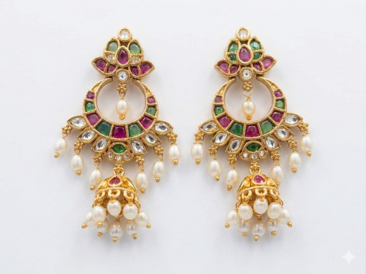 Gold Plated Kundan Dangler Earrings with Green Stone Drops Pearl Hanging Traditional Ethnic Designer Bridal Party Wear Jewelry