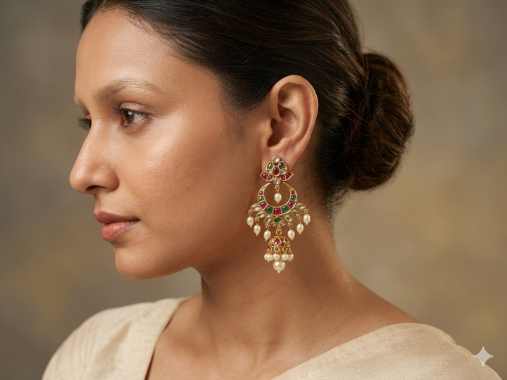 Gold Plated Kundan Dangler Earrings with Green Stone Drops Pearl Hanging Traditional Ethnic Designer Bridal Party Wear Jewelry