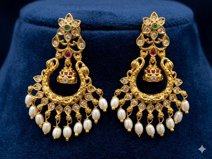 Gold Plated Kundan Chandbali Earrings with Pearl Drops Traditional Bridal Ethnic Designer Jewelry