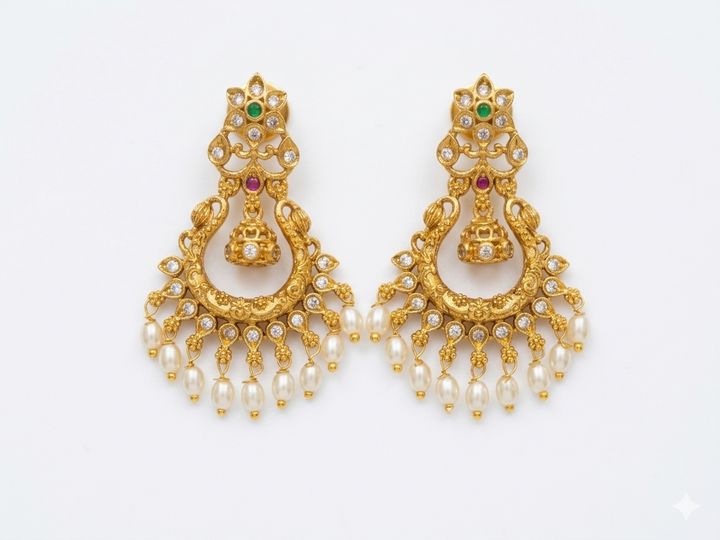 Gold Plated Kundan Chandbali Earrings with Pearl Drops Traditional Bridal Ethnic Designer Jewelry