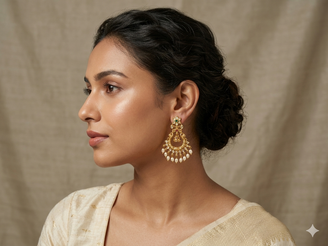 Gold Plated Kundan Chandbali Earrings with Pearl Drops Traditional Bridal Ethnic Designer Jewelry