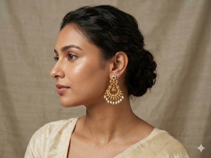 Gold Plated Kundan Chandbali Earrings with Pearl Drops Traditional Bridal Ethnic Designer Jewelry