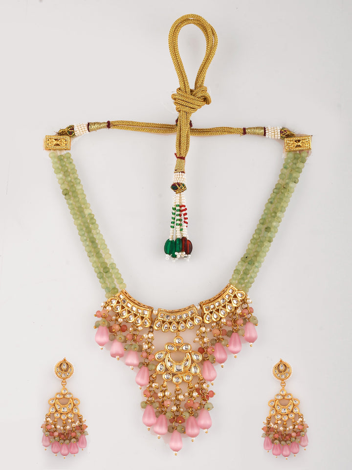 Dastoor Gold-Plated Pink  White Kundan Studded  Beaded Jewellery Set