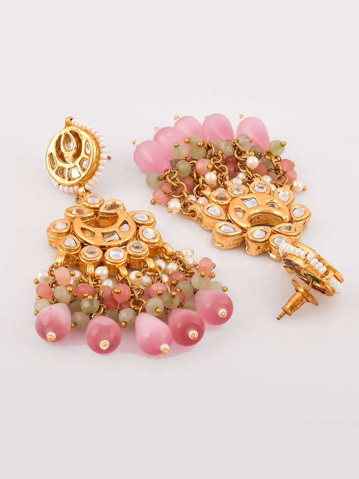Dastoor Gold-Plated Pink  White Kundan Studded  Beaded Jewellery Set