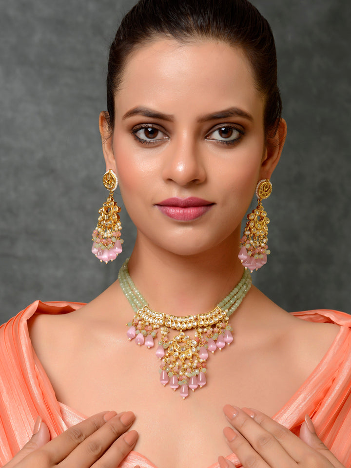 Dastoor Gold-Plated Pink  White Kundan Studded  Beaded Jewellery Set