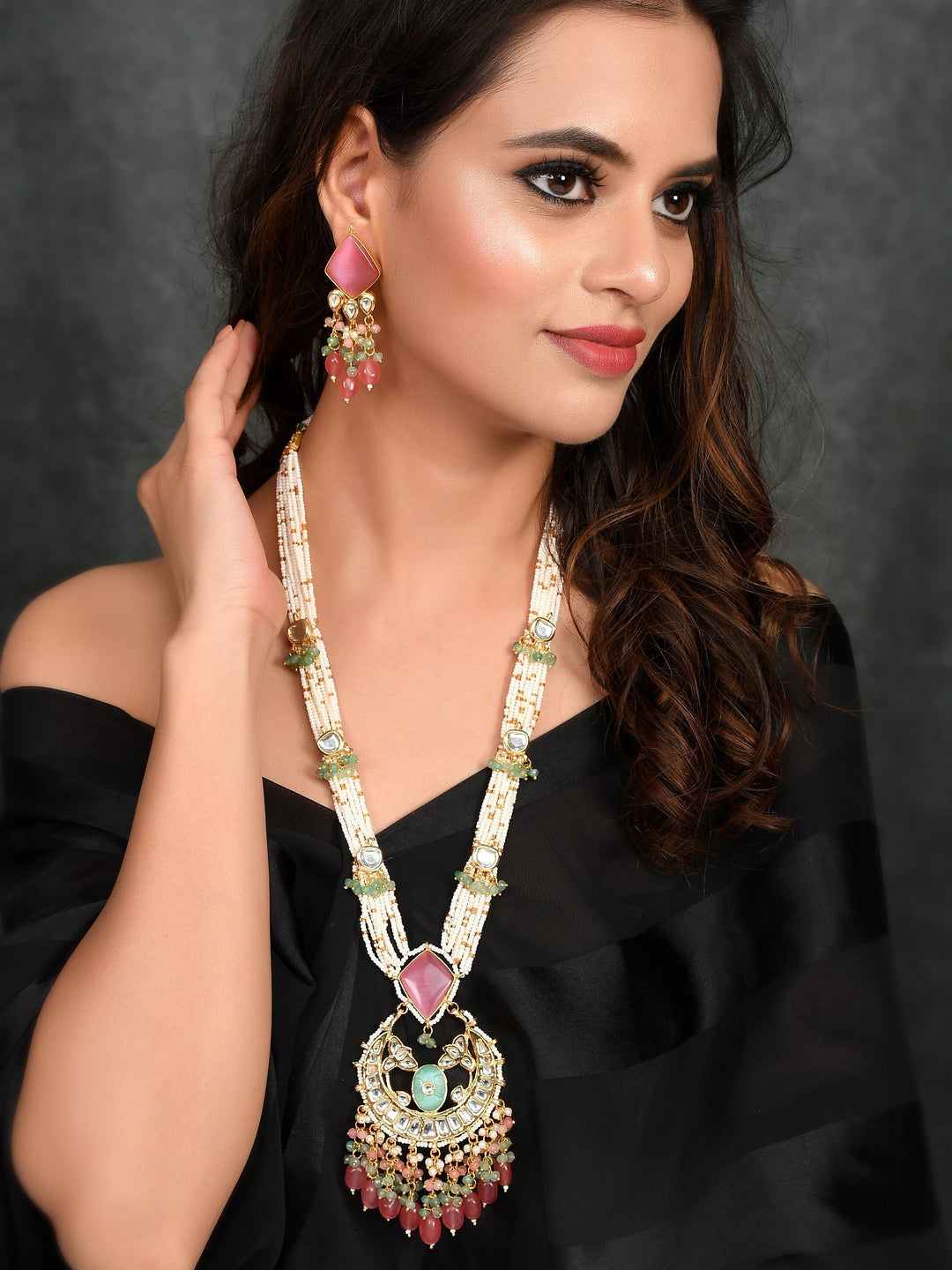 Pink Jewel Cascade Choker Necklace Set