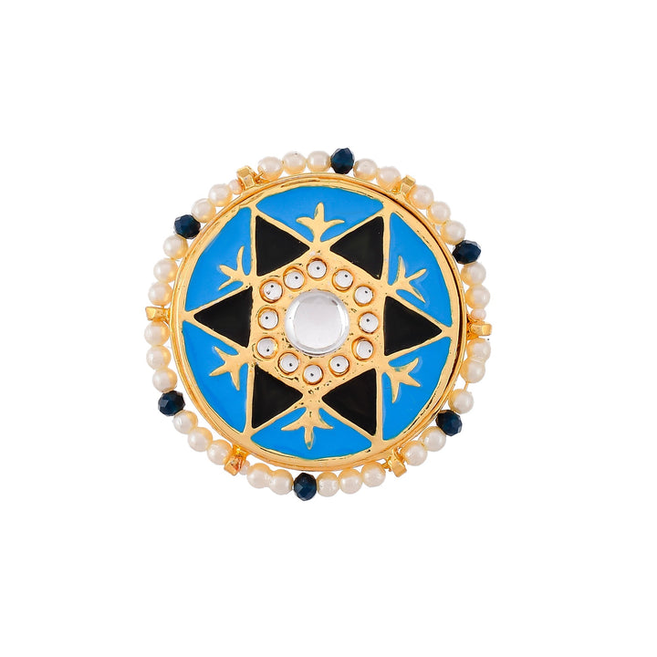 DASTOOR Women  Gold-Plated Blue Kundan-Studded Finger Ring