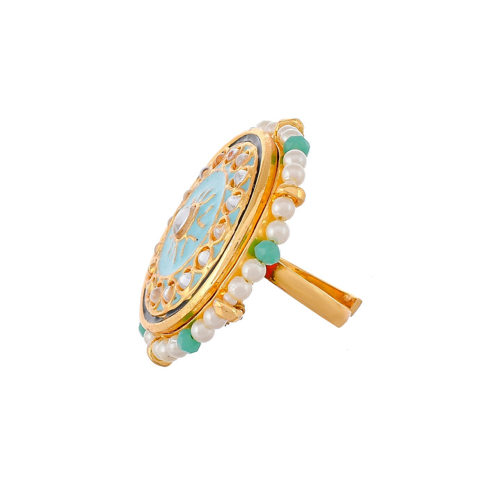 DASTOOR Gold-Plated Blue Kundan-Studded Finger Ring