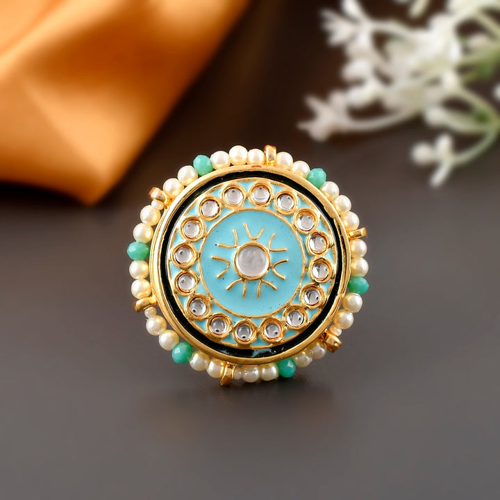 DASTOOR Gold-Plated Blue Kundan-Studded Finger Ring