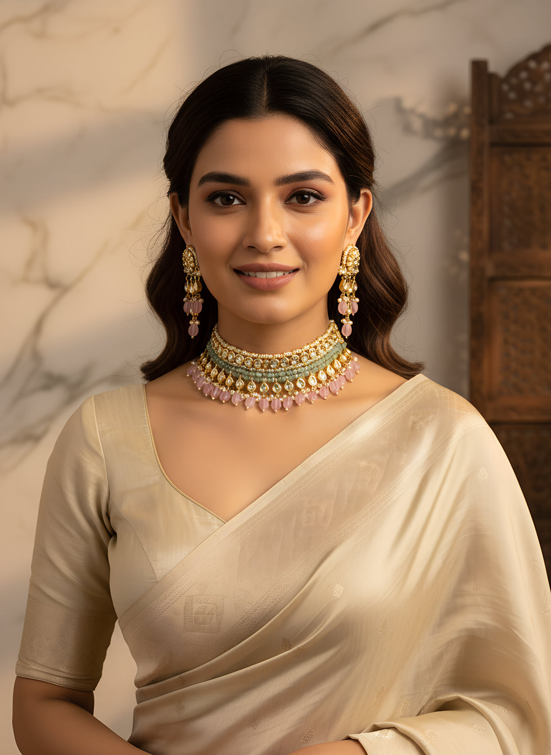 Dastoor Gold-Plated Pink  Green Kundan-Studded  Beaded Jewellery Set