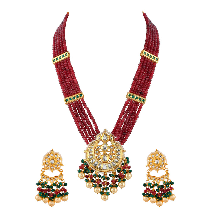 Nice Gold Plated Ruby Multi Layered Pendant Necklace Set