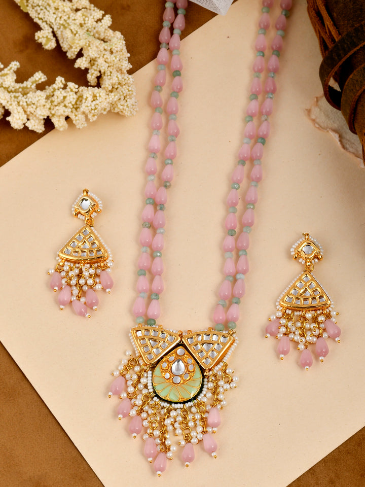 Dastoor  Pink Kundan  Bead Studded Jewellery Set