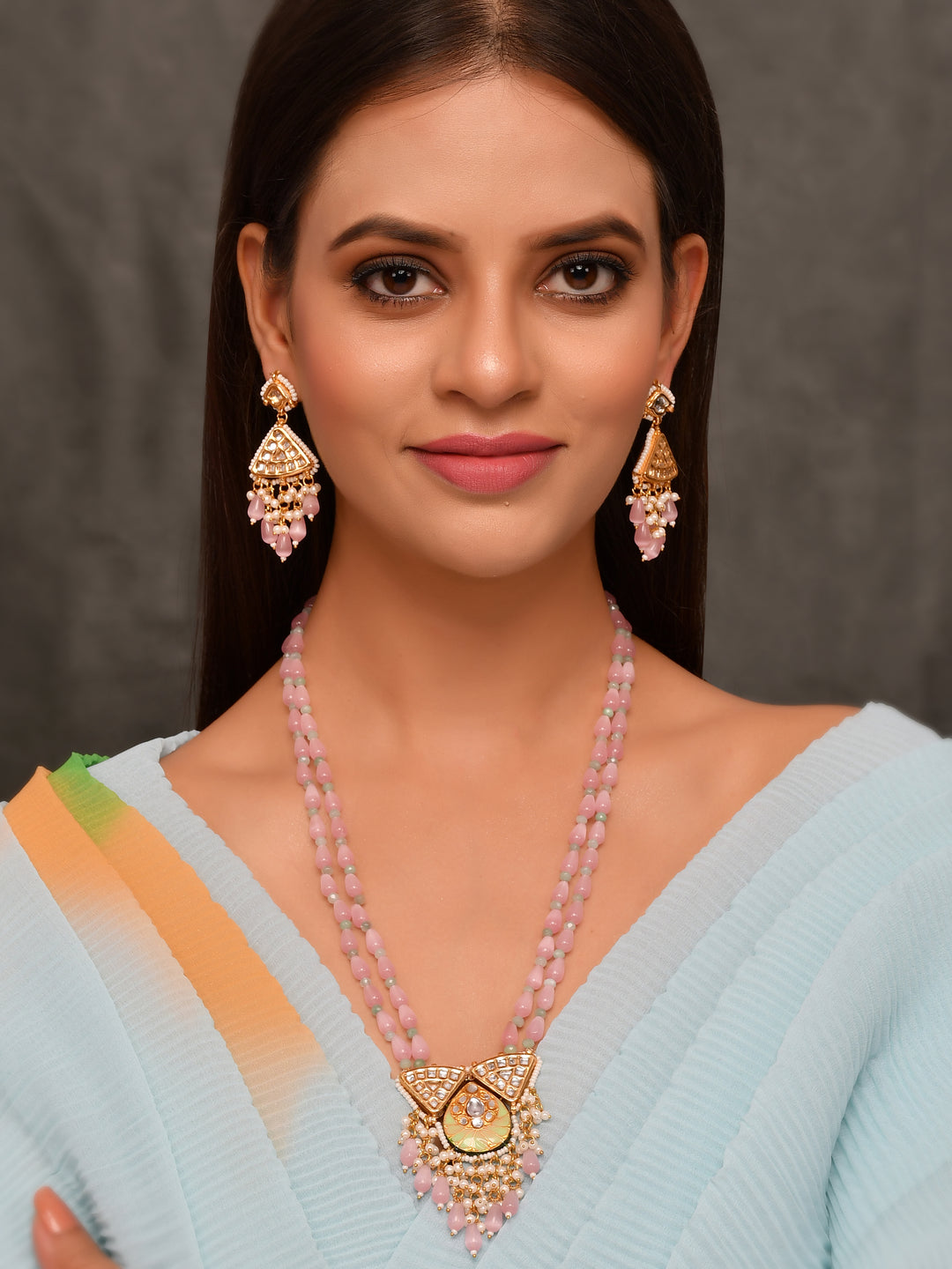 Dastoor  Pink Kundan  Bead Studded Jewellery Set