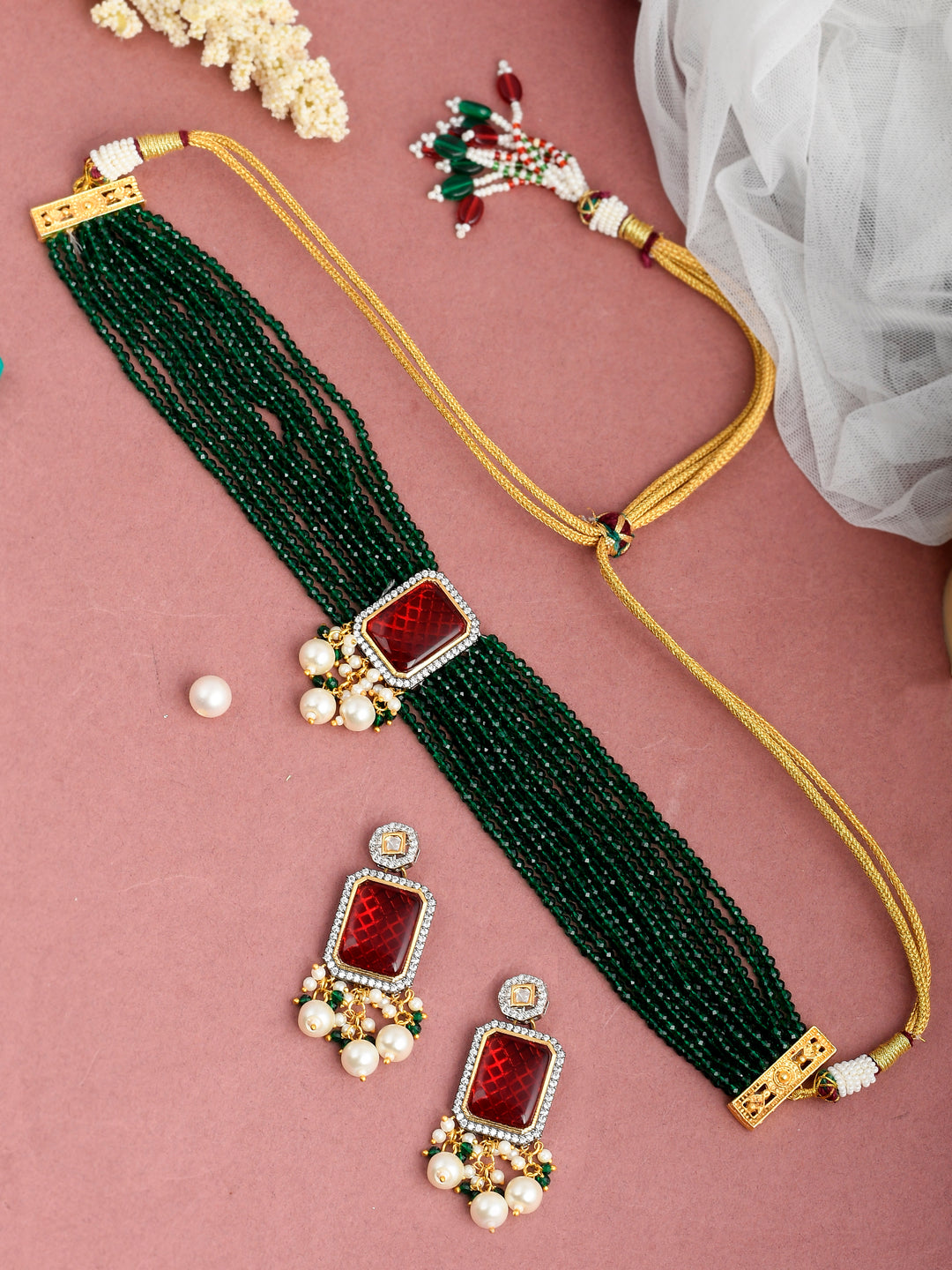 Dastoor Green  Red Kundan  Bead Studded Jewellery Set