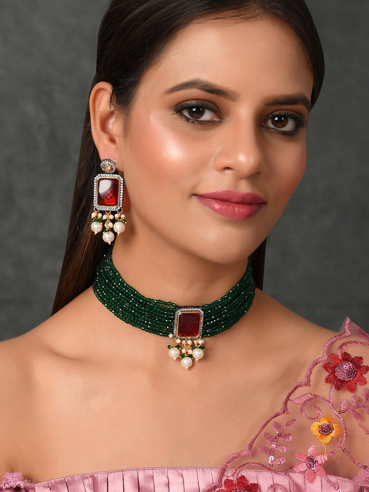 Dastoor Green  Red Kundan  Bead Studded Jewellery Set