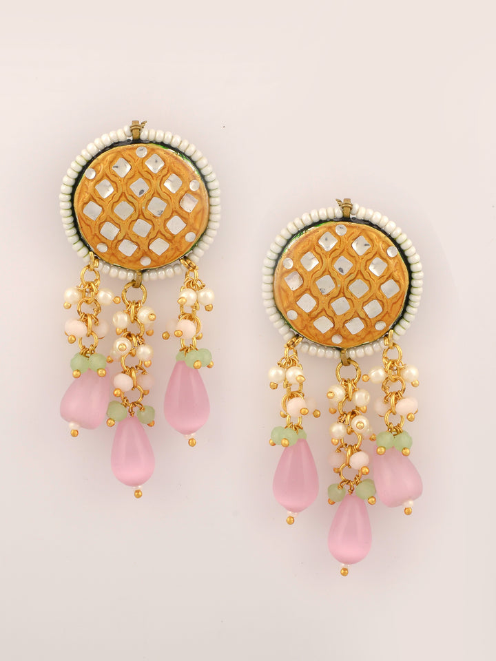 Yellow White Kundan-Studded  Beaded Jewellery Set