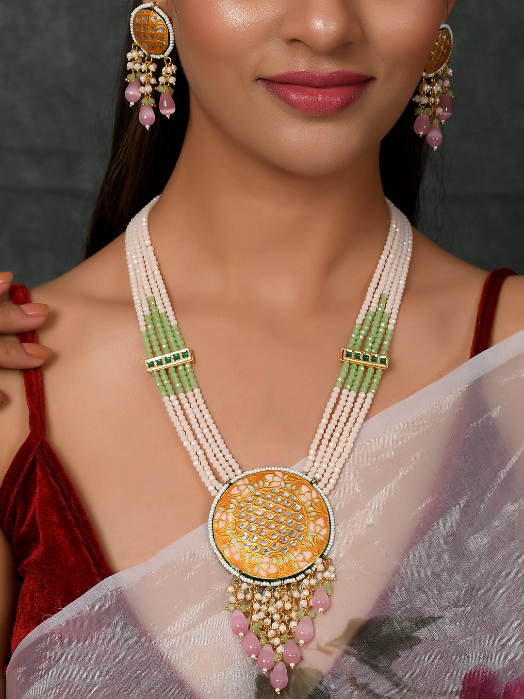 Yellow White Kundan-Studded  Beaded Jewellery Set