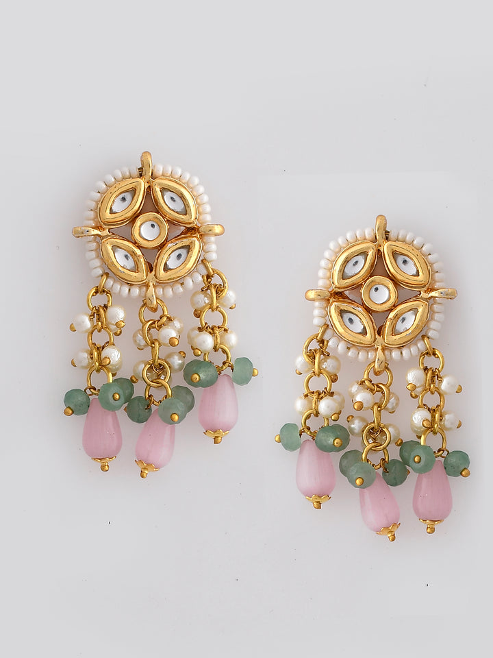 Dastoor Gold-Plated Peach Kundan Studded Jewellery Set