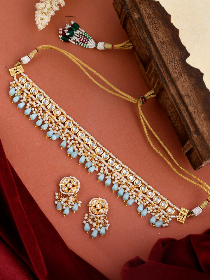 Dastoor Gold-Plated Blue Kundan Studded Jewellery Set
