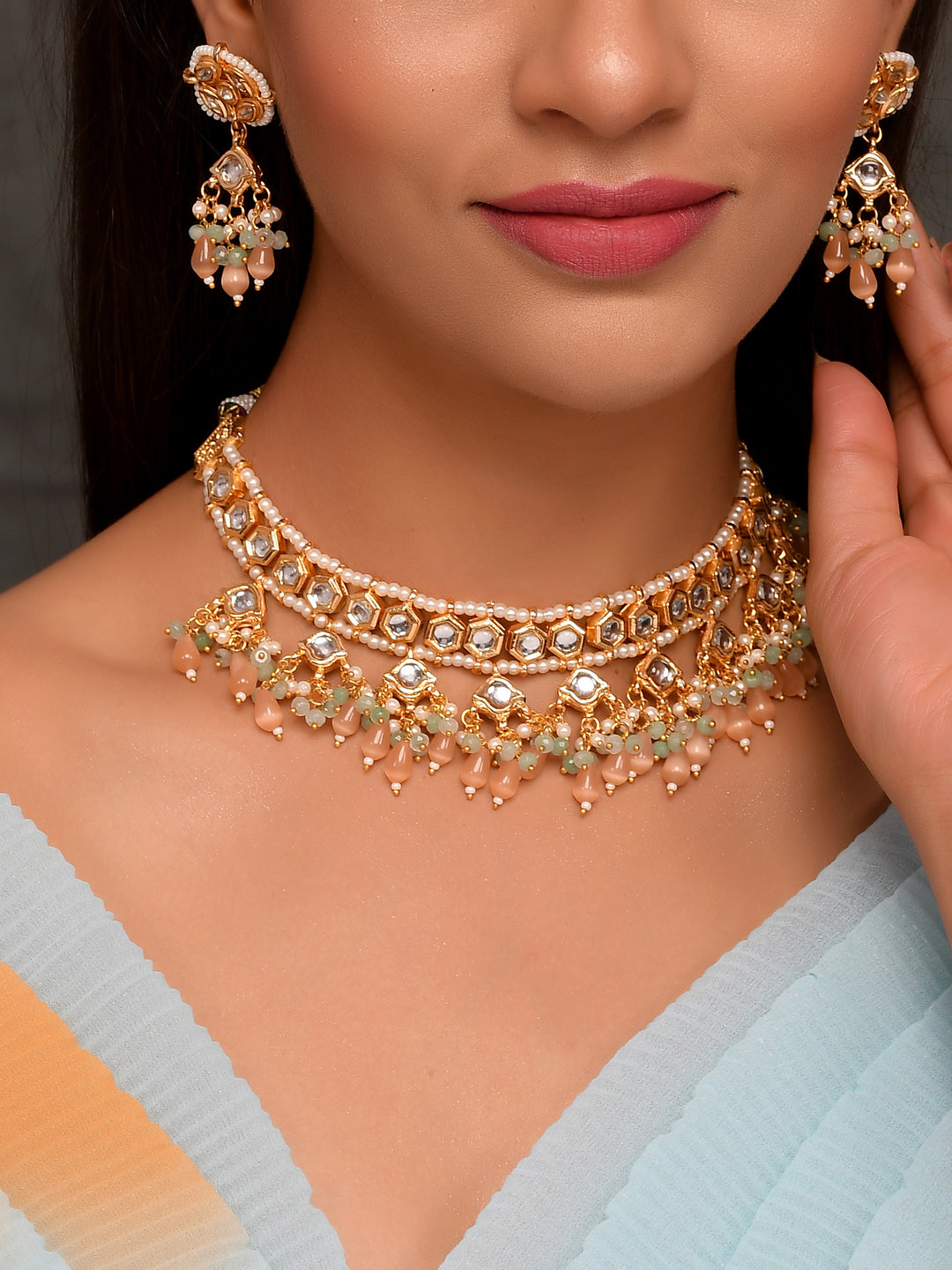 Dastoor Gold-Plated White Pink Kundan Beaded Jewellery Set