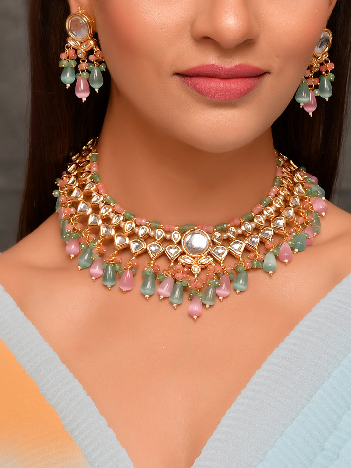Dastoor Gold-Plated Pink Green Kundan Bead Studded Jewellery Set