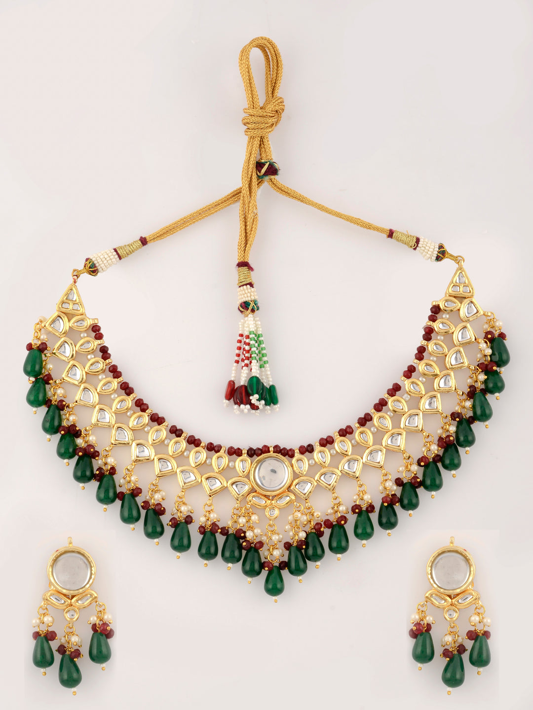 Dastoor  Gold-Plated Red  White Kundan Studded Jewellery Set